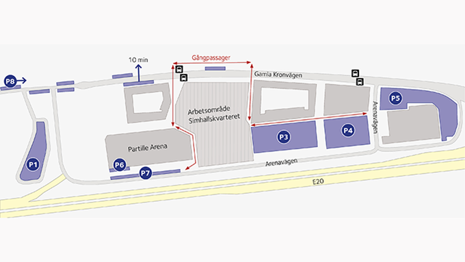 Karta som visar besöksparkeringar i området Partille Port i Partille. I området ett parkeringshus och sju ytor med parkeringsplatser. De är numrerade 1 till 8 på kartan.